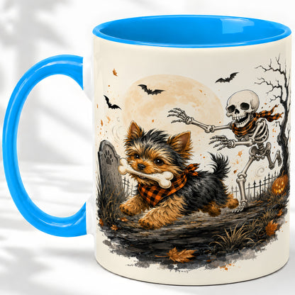 #pl[11oz|Blue] Halloween Yorkie Ceramic Mug, Skeleton Graveyard Dog Artwork