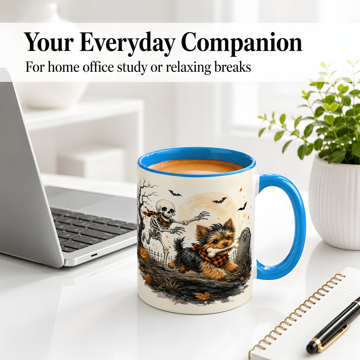 #pl[11oz|Blue] Halloween Yorkie Ceramic Mug, Skeleton Graveyard Dog Artwork