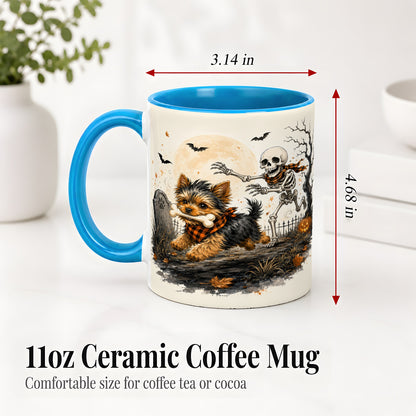#pl[11oz|Blue] Halloween Yorkie Ceramic Mug, Skeleton Graveyard Dog Artwork