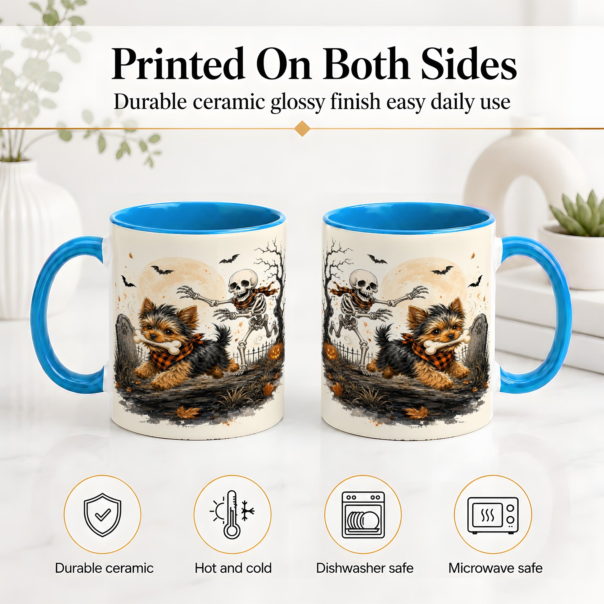 #pl[11oz|Blue] Halloween Yorkie Ceramic Mug, Skeleton Graveyard Dog Artwork