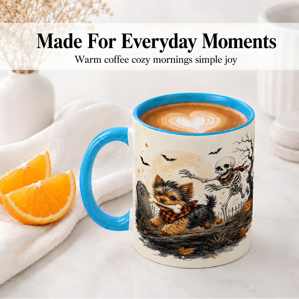 #pl[11oz|Blue] Halloween Yorkie Ceramic Mug, Skeleton Graveyard Dog Artwork