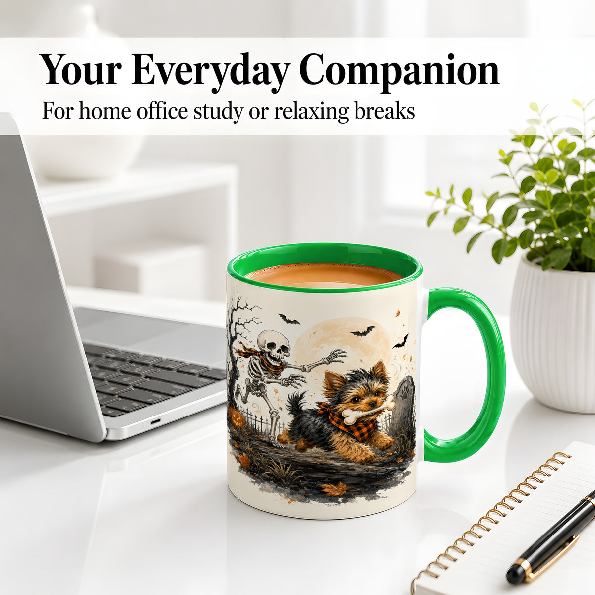 #pl[11oz|Green] Halloween Yorkie Ceramic Mug, Skeleton Graveyard Dog Artwork