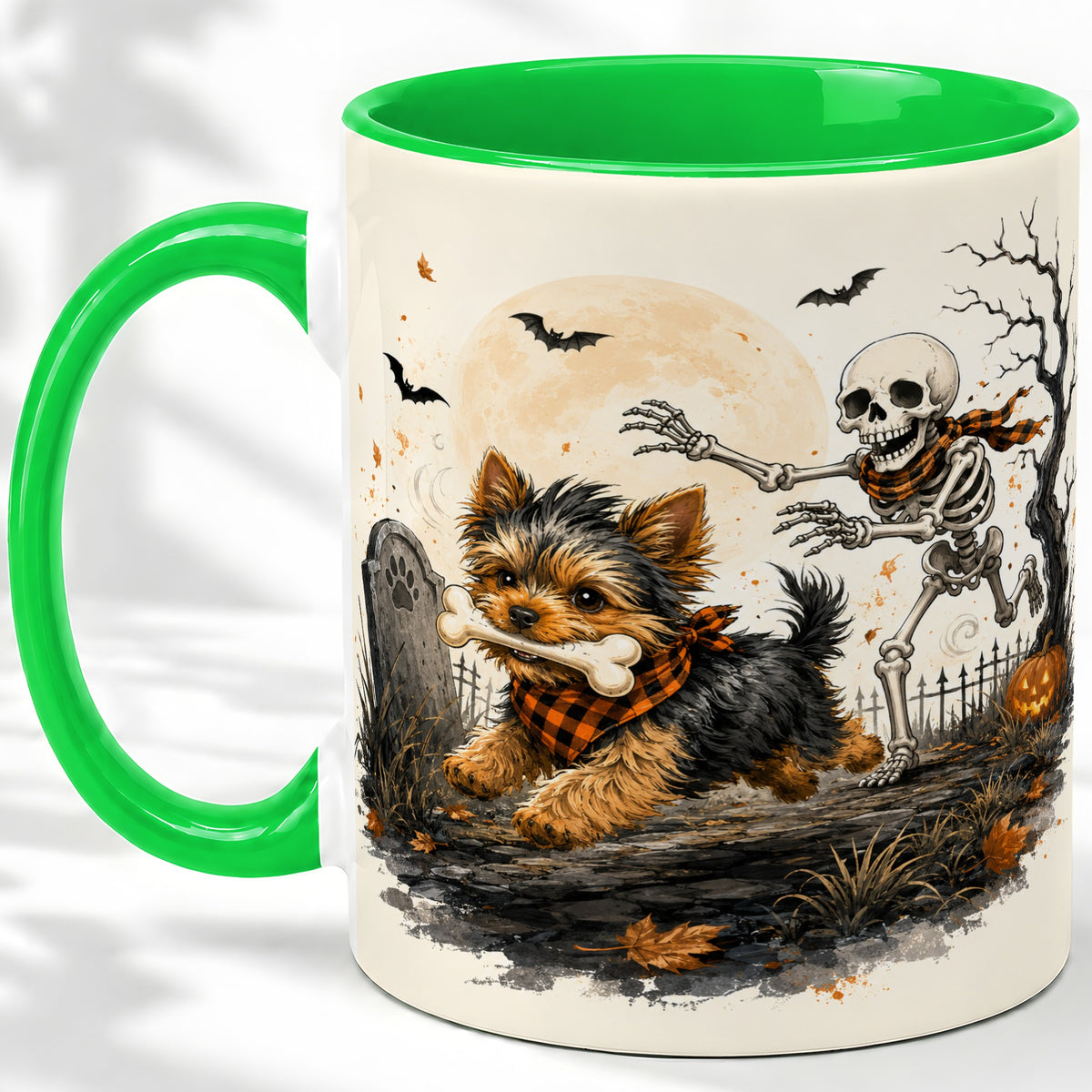 #pl[11oz|Green] Halloween Yorkie Ceramic Mug, Skeleton Graveyard Dog Artwork