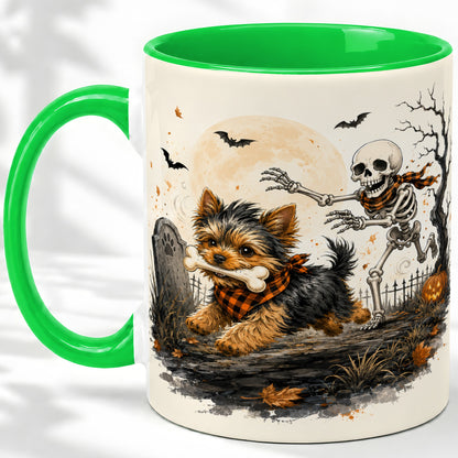 #pl[11oz|Green] Halloween Yorkie Ceramic Mug, Skeleton Graveyard Dog Artwork