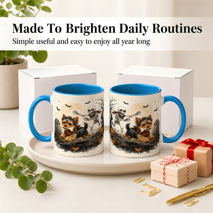 #pl[11oz|Blue] Halloween Yorkie Ceramic Mug, Skeleton Graveyard Dog Artwork