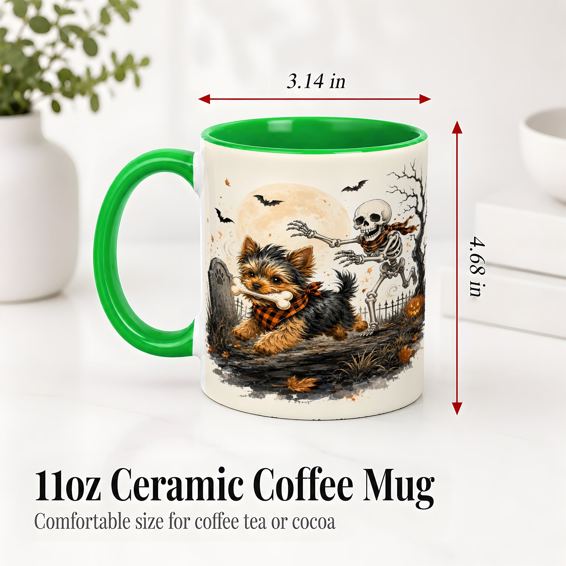 #pl[11oz|Green] Halloween Yorkie Ceramic Mug, Skeleton Graveyard Dog Artwork