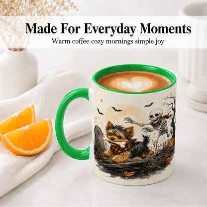 #pl[11oz|Green] Halloween Yorkie Ceramic Mug, Skeleton Graveyard Dog Artwork