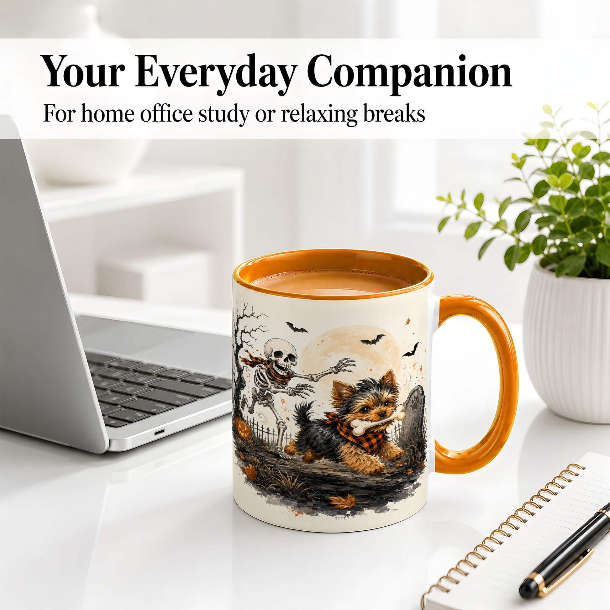 #pl[11oz|Orange] Halloween Yorkie Ceramic Mug, Skeleton Graveyard Dog Artwork