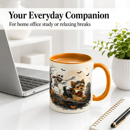 #pl[11oz|Orange] Halloween Yorkie Ceramic Mug, Skeleton Graveyard Dog Artwork
