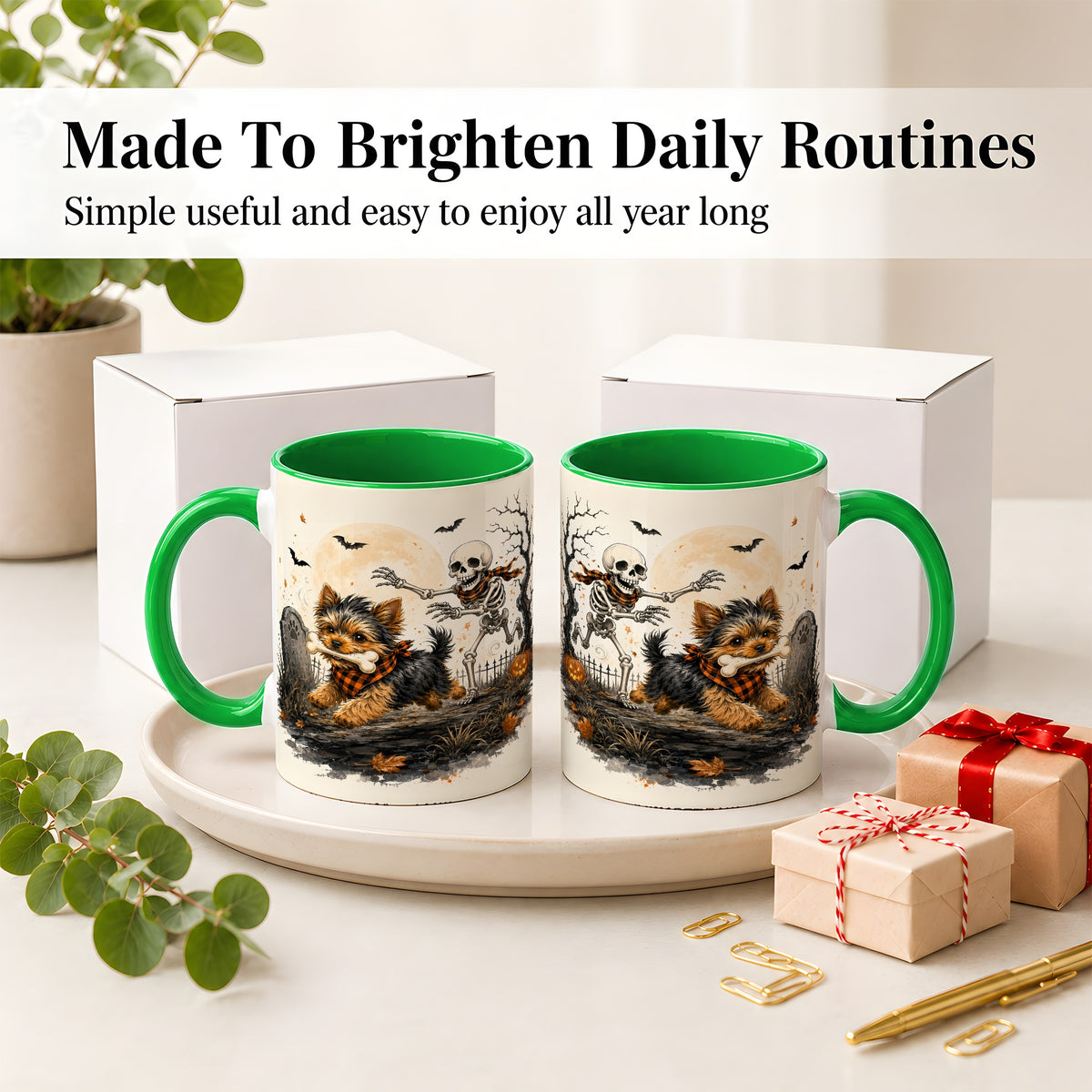 #pl[11oz|Green] Halloween Yorkie Ceramic Mug, Skeleton Graveyard Dog Artwork