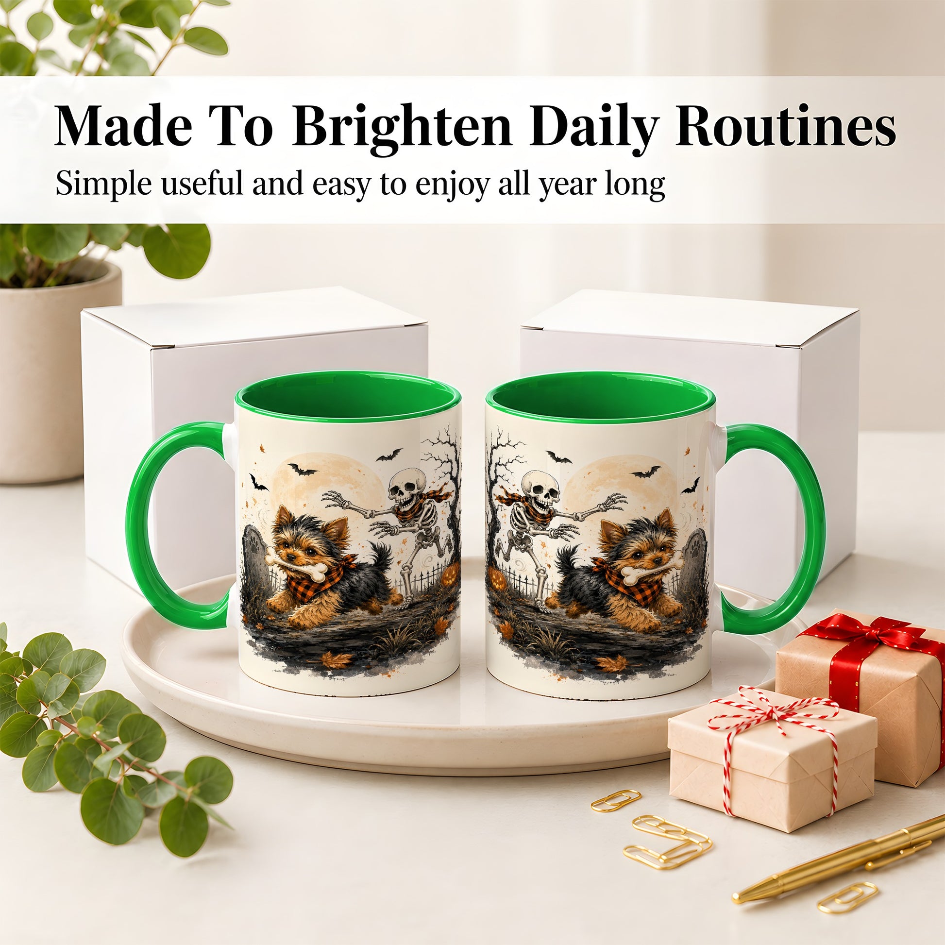 #pl[11oz|Green] Halloween Yorkie Ceramic Mug, Skeleton Graveyard Dog Artwork