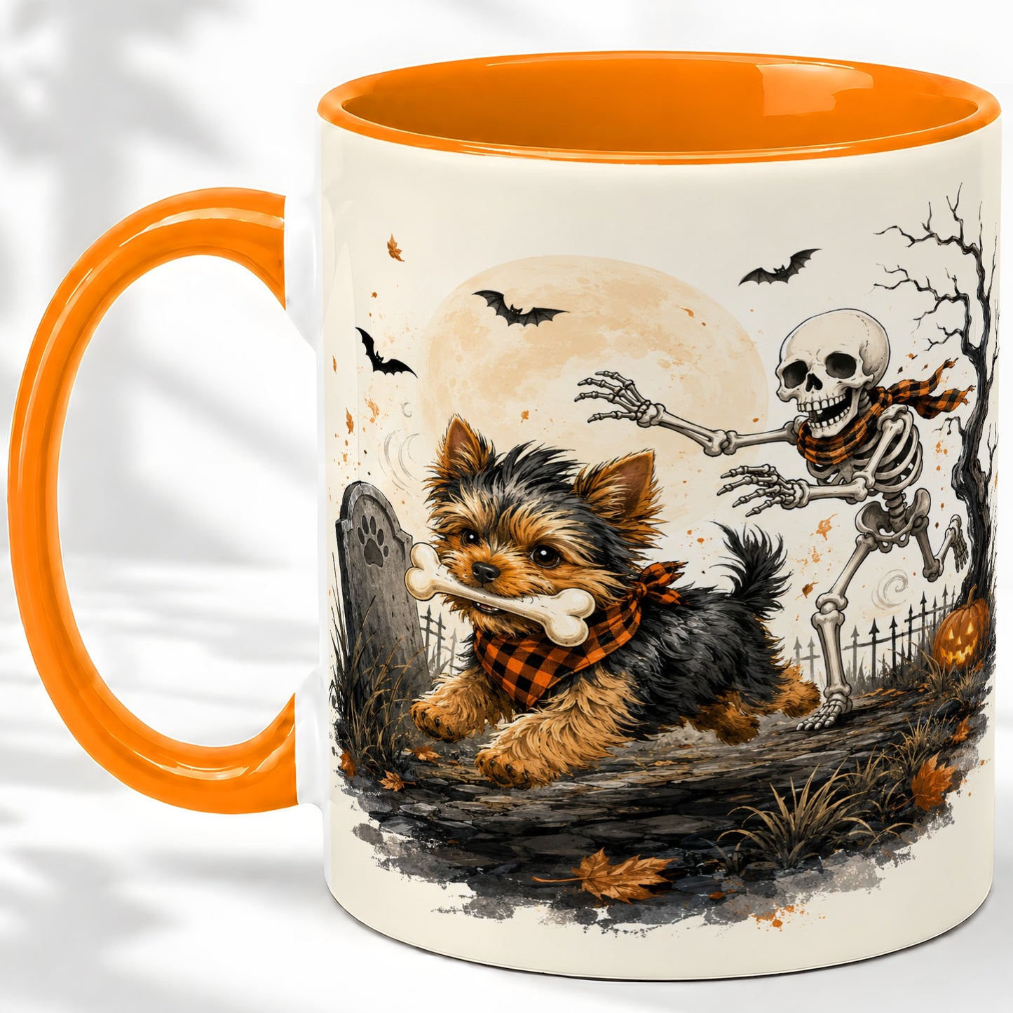 #pl[11oz|Orange] Halloween Yorkie Ceramic Mug, Skeleton Graveyard Dog Artwork