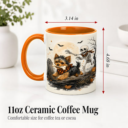 #pl[11oz|Orange] Halloween Yorkie Ceramic Mug, Skeleton Graveyard Dog Artwork