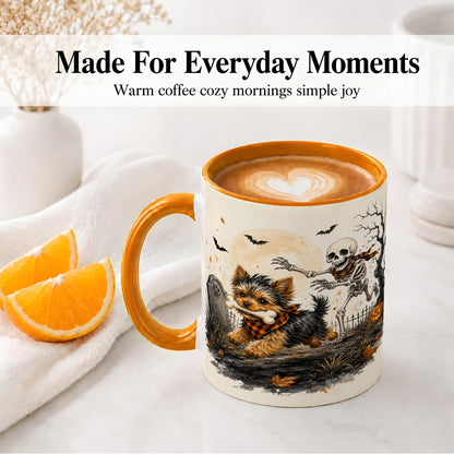 #pl[11oz|Orange] Halloween Yorkie Ceramic Mug, Skeleton Graveyard Dog Artwork