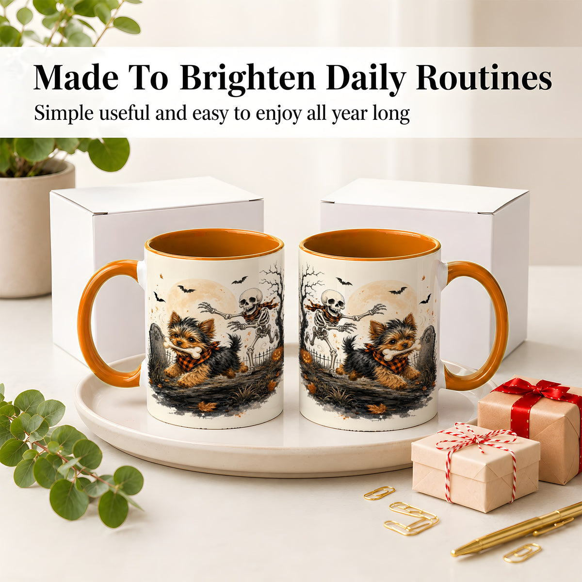 #pl[11oz|Orange] Halloween Yorkie Ceramic Mug, Skeleton Graveyard Dog Artwork