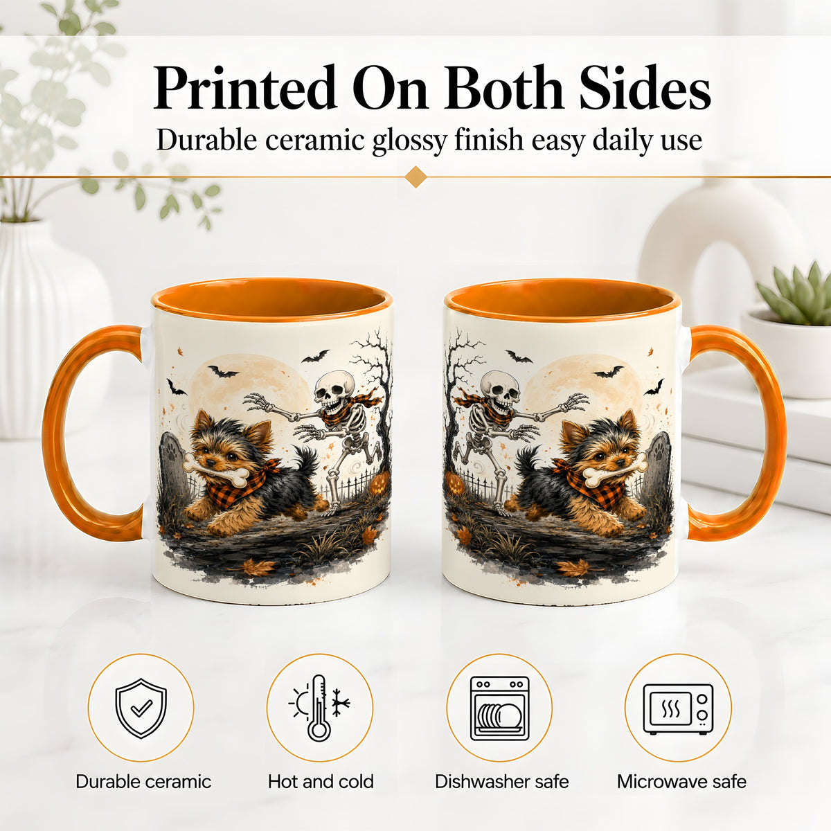 #pl[11oz|Orange] Halloween Yorkie Ceramic Mug, Skeleton Graveyard Dog Artwork