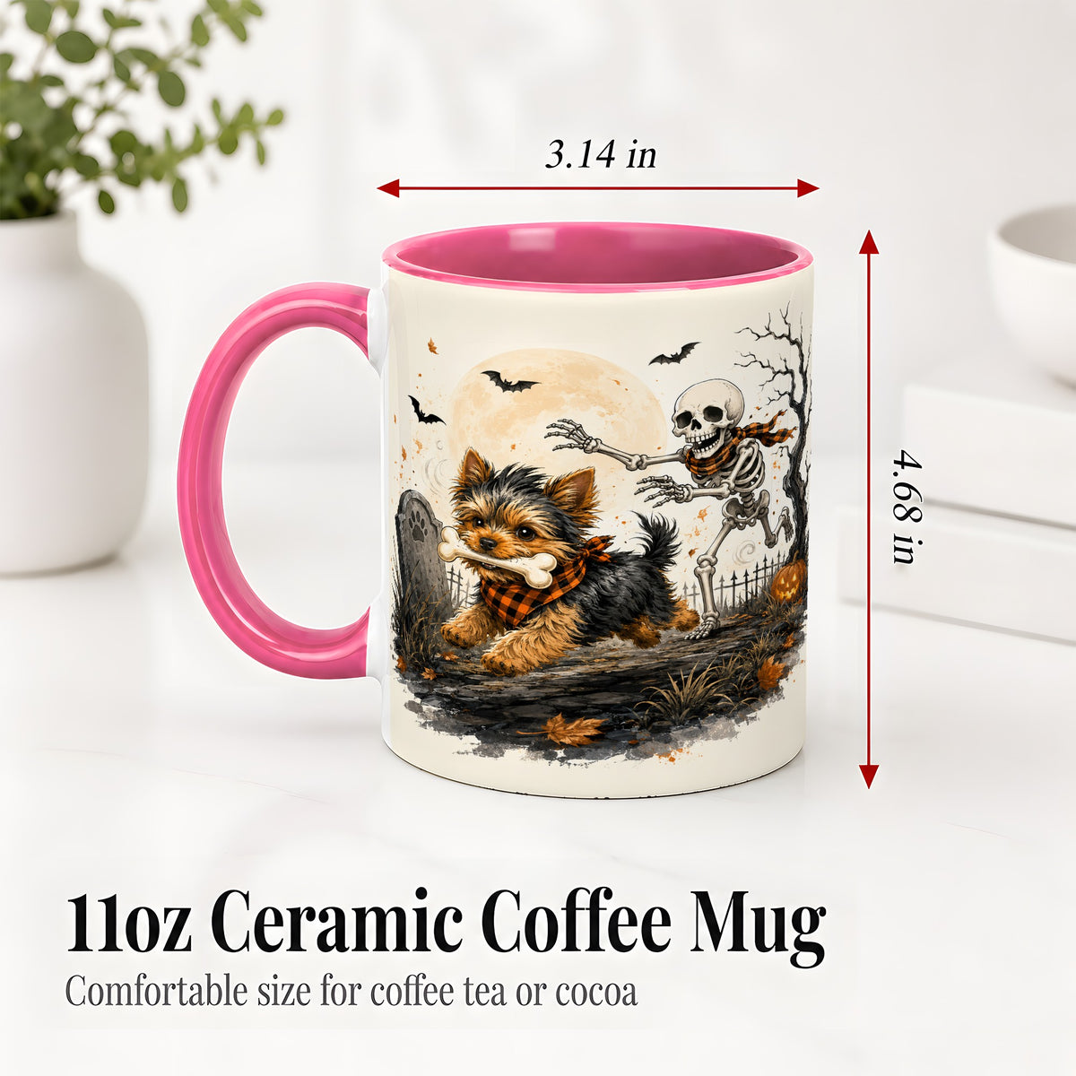 #pl[11oz|Pink] Halloween Yorkie Ceramic Mug, Skeleton Graveyard Dog Artwork