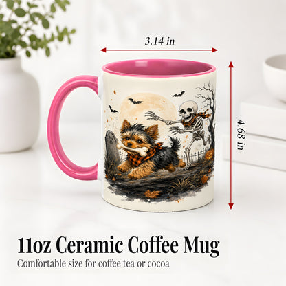 #pl[11oz|Pink] Halloween Yorkie Ceramic Mug, Skeleton Graveyard Dog Artwork
