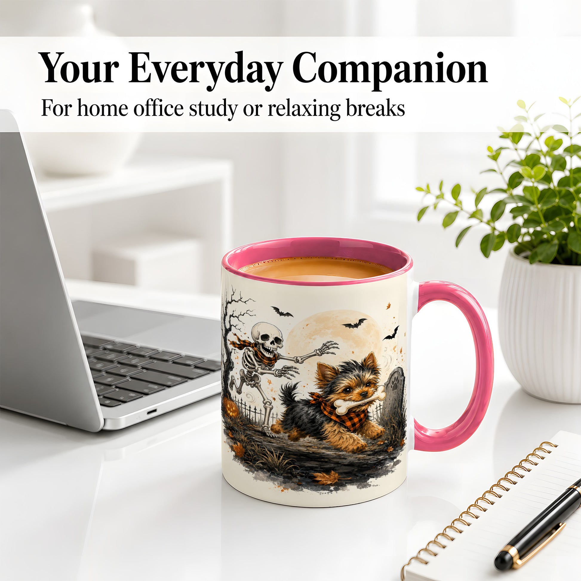 #pl[11oz|Pink] Halloween Yorkie Ceramic Mug, Skeleton Graveyard Dog Artwork