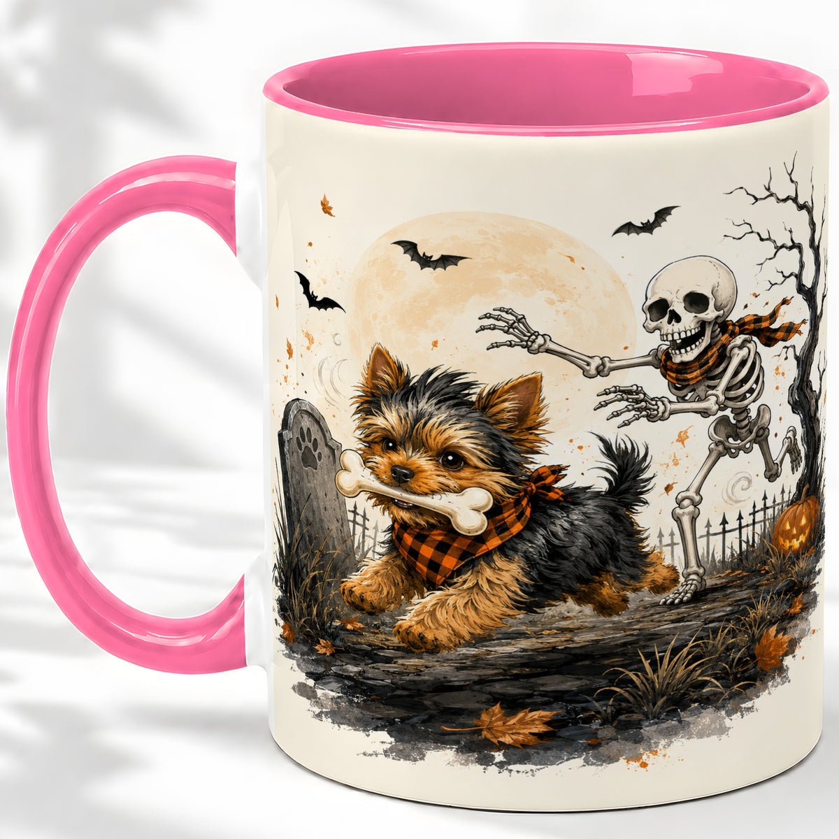 #pl[11oz|Pink] Halloween Yorkie Ceramic Mug, Skeleton Graveyard Dog Artwork