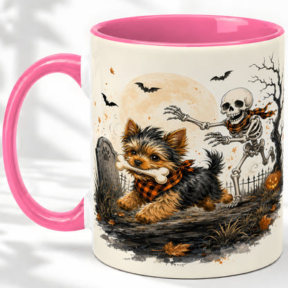 #pl[11oz|Pink] Halloween Yorkie Ceramic Mug, Skeleton Graveyard Dog Artwork