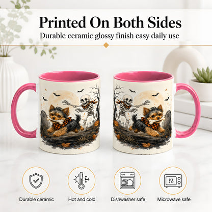 #pl[11oz|Pink] Halloween Yorkie Ceramic Mug, Skeleton Graveyard Dog Artwork