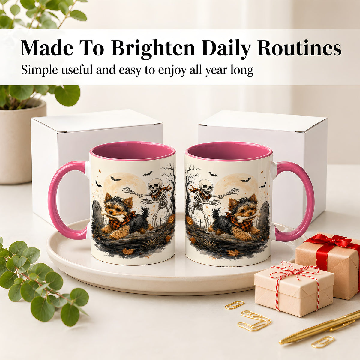 #pl[11oz|Pink] Halloween Yorkie Ceramic Mug, Skeleton Graveyard Dog Artwork