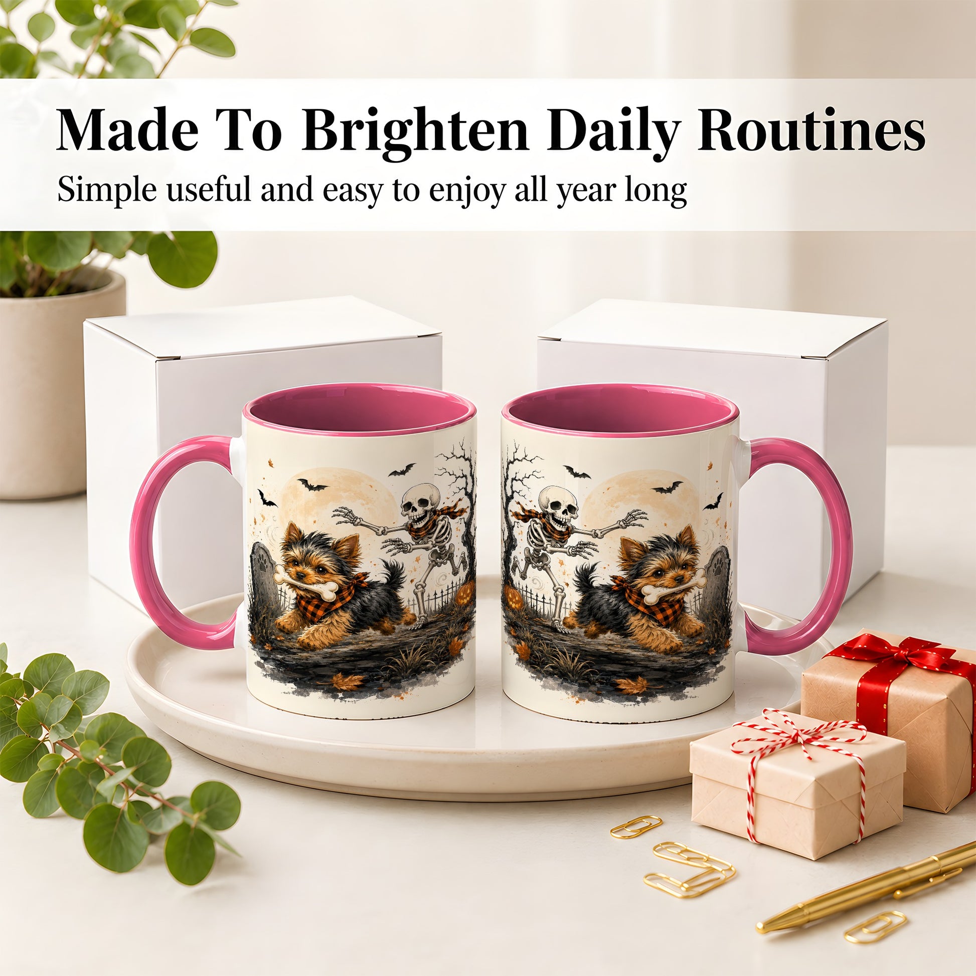 #pl[11oz|Pink] Halloween Yorkie Ceramic Mug, Skeleton Graveyard Dog Artwork