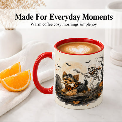 #pl[11oz|Red] Halloween Yorkie Ceramic Mug, Skeleton Graveyard Dog Artwork