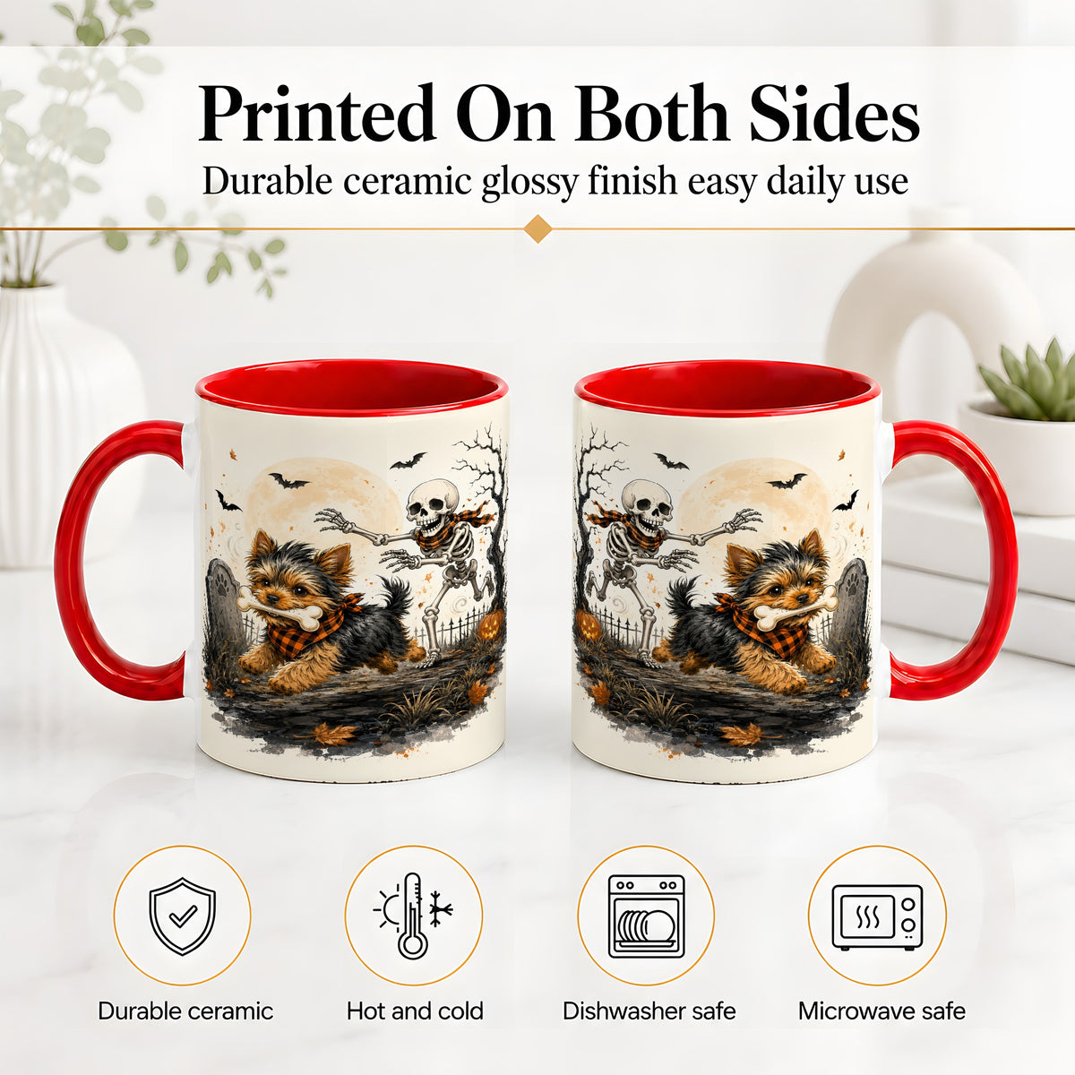#pl[11oz|Red] Halloween Yorkie Ceramic Mug, Skeleton Graveyard Dog Artwork
