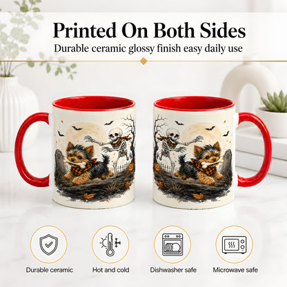 #pl[11oz|Red] Halloween Yorkie Ceramic Mug, Skeleton Graveyard Dog Artwork