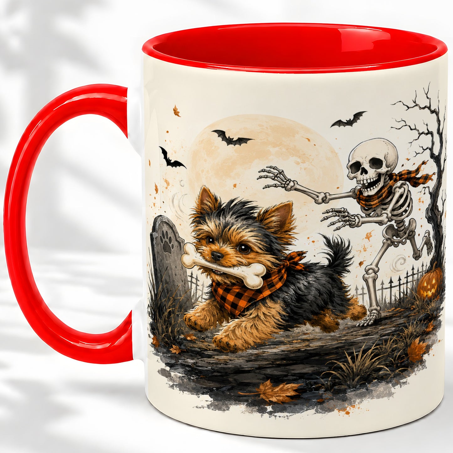 Halloween Yorkie Ceramic Mug, Skeleton Graveyard Dog Artwork