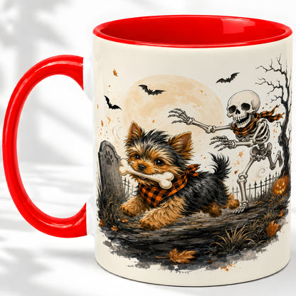 Halloween Yorkie Ceramic Mug, Skeleton Graveyard Dog Artwork