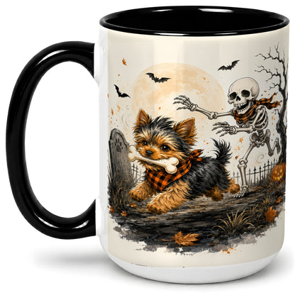 #pl[15oz|Black] Halloween Yorkie Ceramic Mug, Skeleton Graveyard Dog Artwork