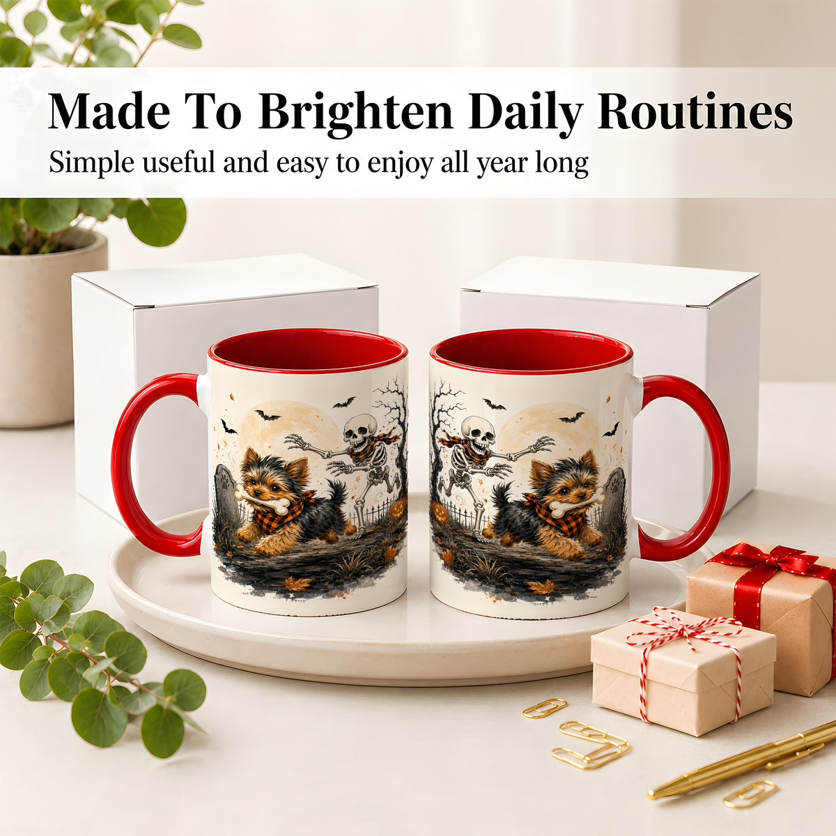 #pl[11oz|Red] Halloween Yorkie Ceramic Mug, Skeleton Graveyard Dog Artwork
