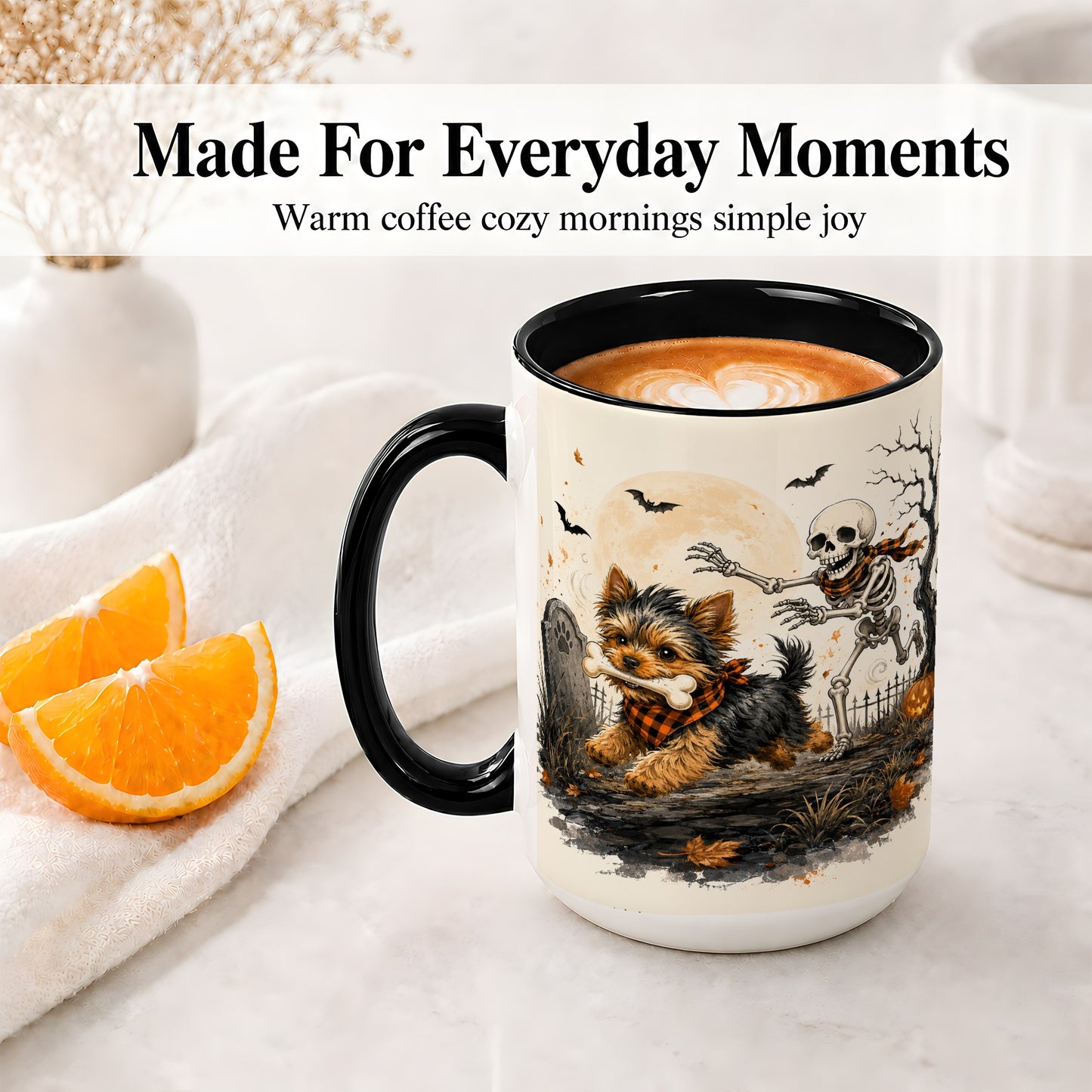 #pl[15oz|Black] Halloween Yorkie Ceramic Mug, Skeleton Graveyard Dog Artwork