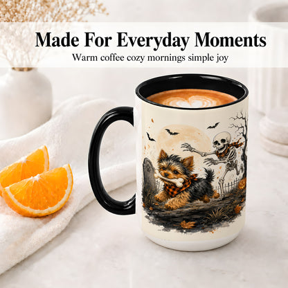 #pl[15oz|Black] Halloween Yorkie Ceramic Mug, Skeleton Graveyard Dog Artwork