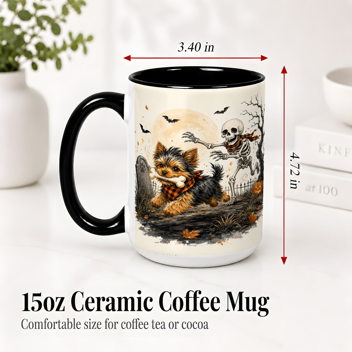 #pl[15oz|Black] Halloween Yorkie Ceramic Mug, Skeleton Graveyard Dog Artwork