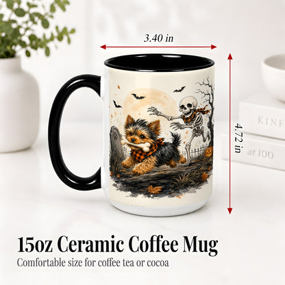 #pl[15oz|Black] Halloween Yorkie Ceramic Mug, Skeleton Graveyard Dog Artwork