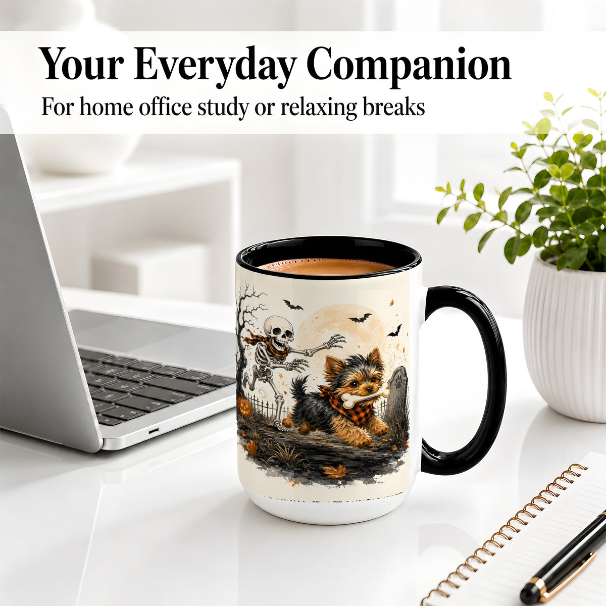 #pl[15oz|Black] Halloween Yorkie Ceramic Mug, Skeleton Graveyard Dog Artwork