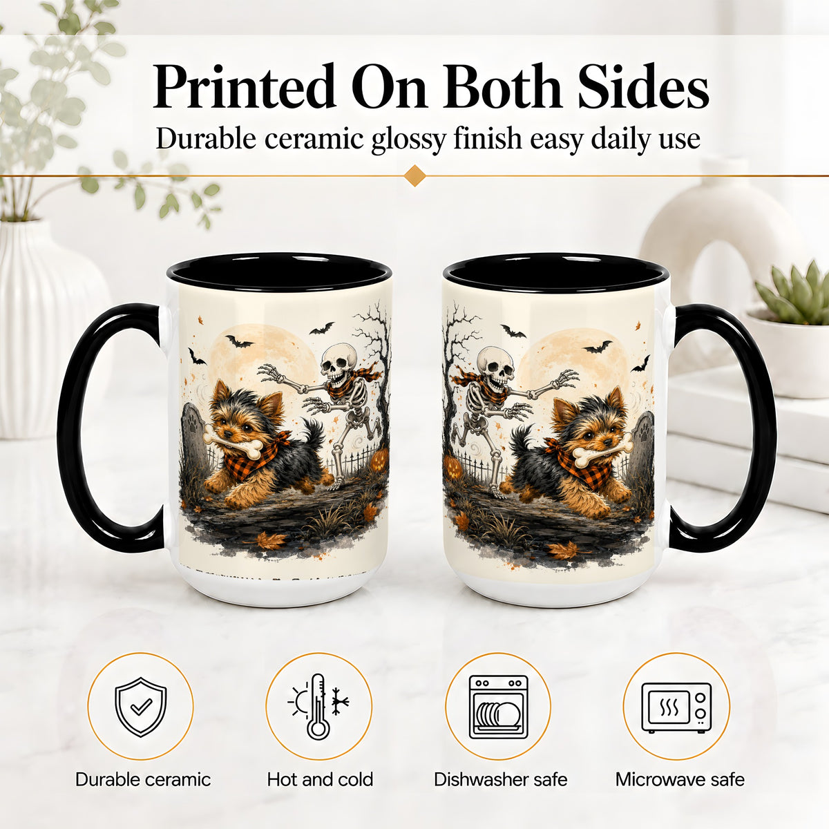 #pl[15oz|Black] Halloween Yorkie Ceramic Mug, Skeleton Graveyard Dog Artwork
