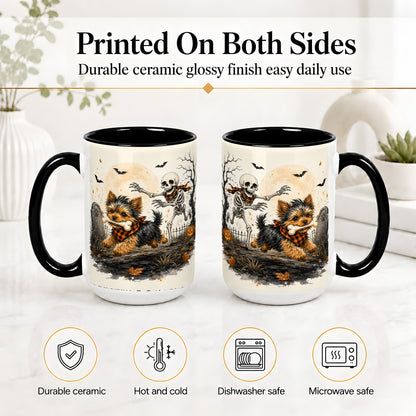 #pl[15oz|Black] Halloween Yorkie Ceramic Mug, Skeleton Graveyard Dog Artwork