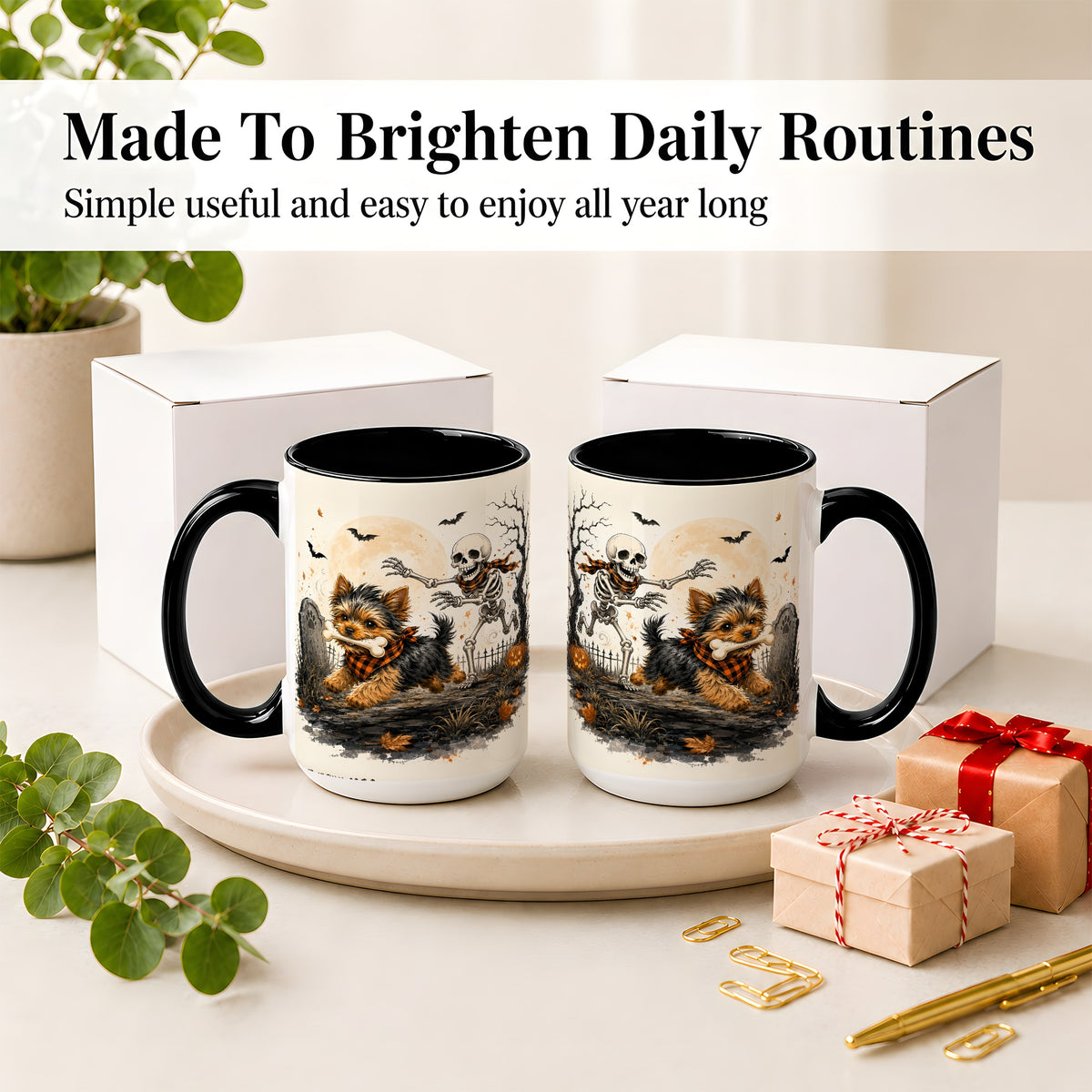 #pl[15oz|Black] Halloween Yorkie Ceramic Mug, Skeleton Graveyard Dog Artwork