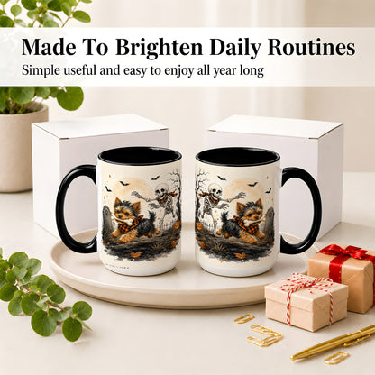 #pl[15oz|Black] Halloween Yorkie Ceramic Mug, Skeleton Graveyard Dog Artwork