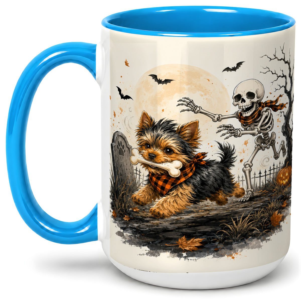 #pl[15oz|Blue] Halloween Yorkie Ceramic Mug, Skeleton Graveyard Dog Artwork