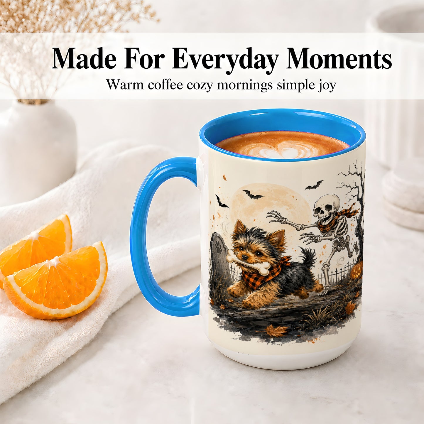 #pl[15oz|Blue] Halloween Yorkie Ceramic Mug, Skeleton Graveyard Dog Artwork