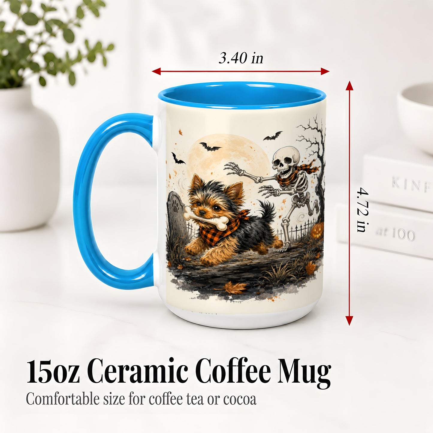 #pl[15oz|Blue] Halloween Yorkie Ceramic Mug, Skeleton Graveyard Dog Artwork