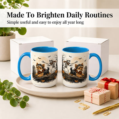 #pl[15oz|Blue] Halloween Yorkie Ceramic Mug, Skeleton Graveyard Dog Artwork