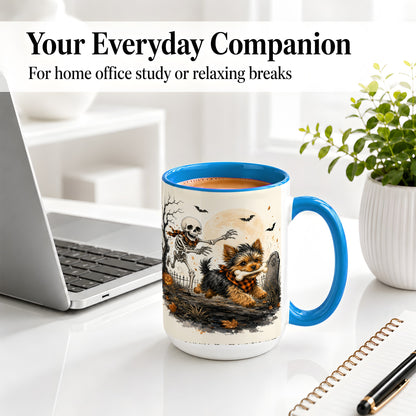 #pl[15oz|Blue] Halloween Yorkie Ceramic Mug, Skeleton Graveyard Dog Artwork