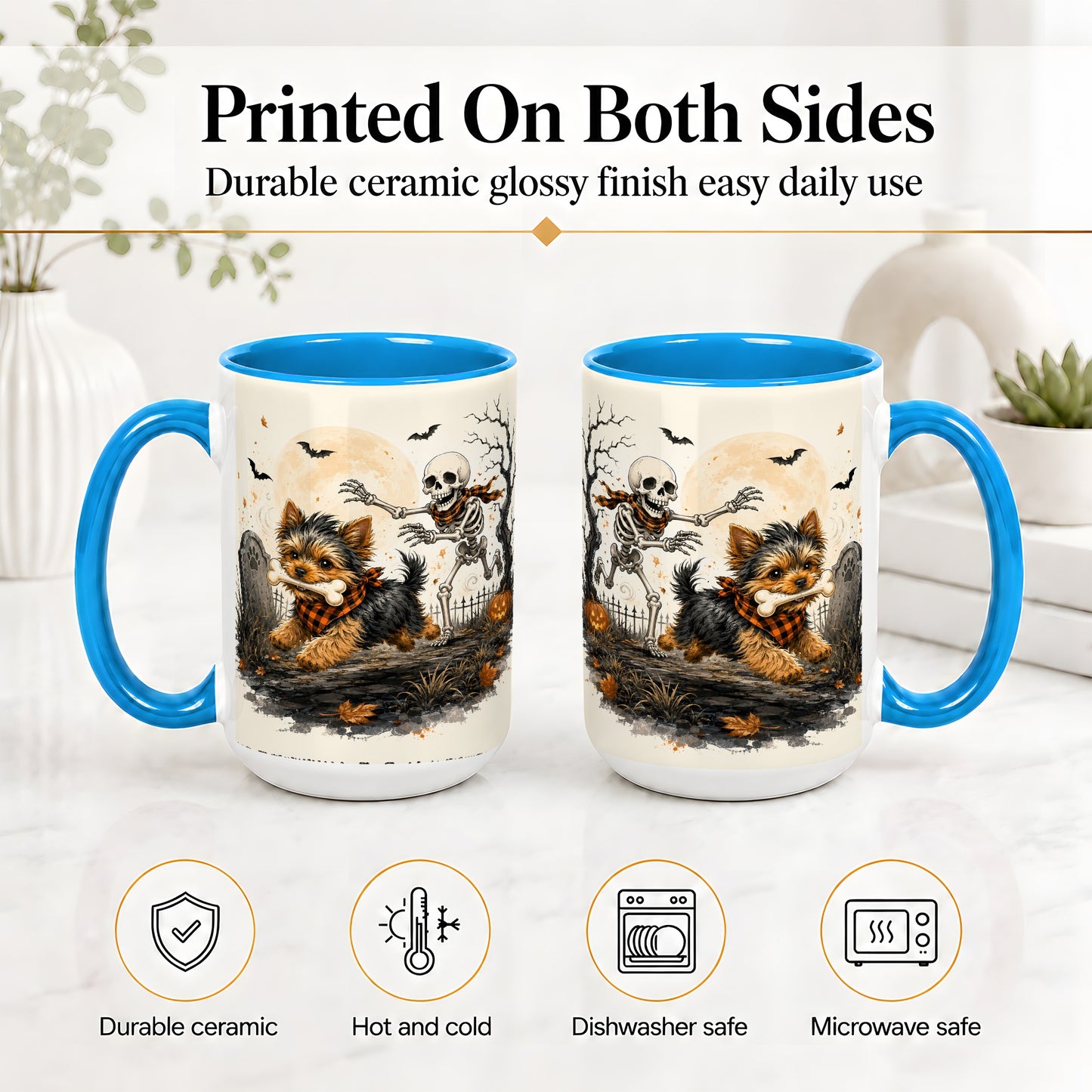 #pl[15oz|Blue] Halloween Yorkie Ceramic Mug, Skeleton Graveyard Dog Artwork